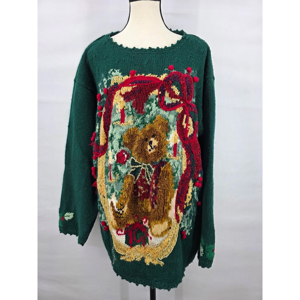 Vintage Heirloom Collectibles Christmas Teddy Bear Sweater Green Plus Size 22/24